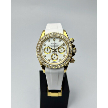 Custom Seiko Mod • Double Diamond White Gold Daytona Quartz Chronograph • 39.5mm